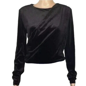 Maison d'Amelie Black Velvet Ruched Back Faux Wrap Long Sleeve